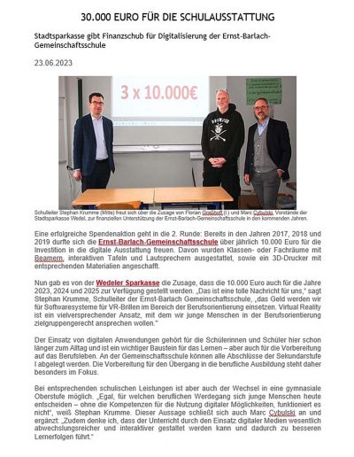 30.000 Euro für die Schulausstattung (wedel.de/23.06.2023)