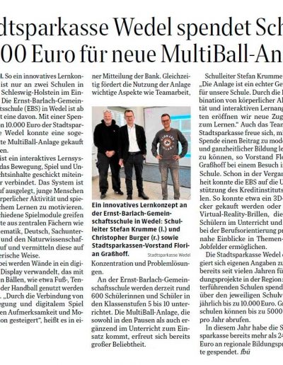 Sparkasse Wedel spendet Multiball-Anlage an EBG Schule
